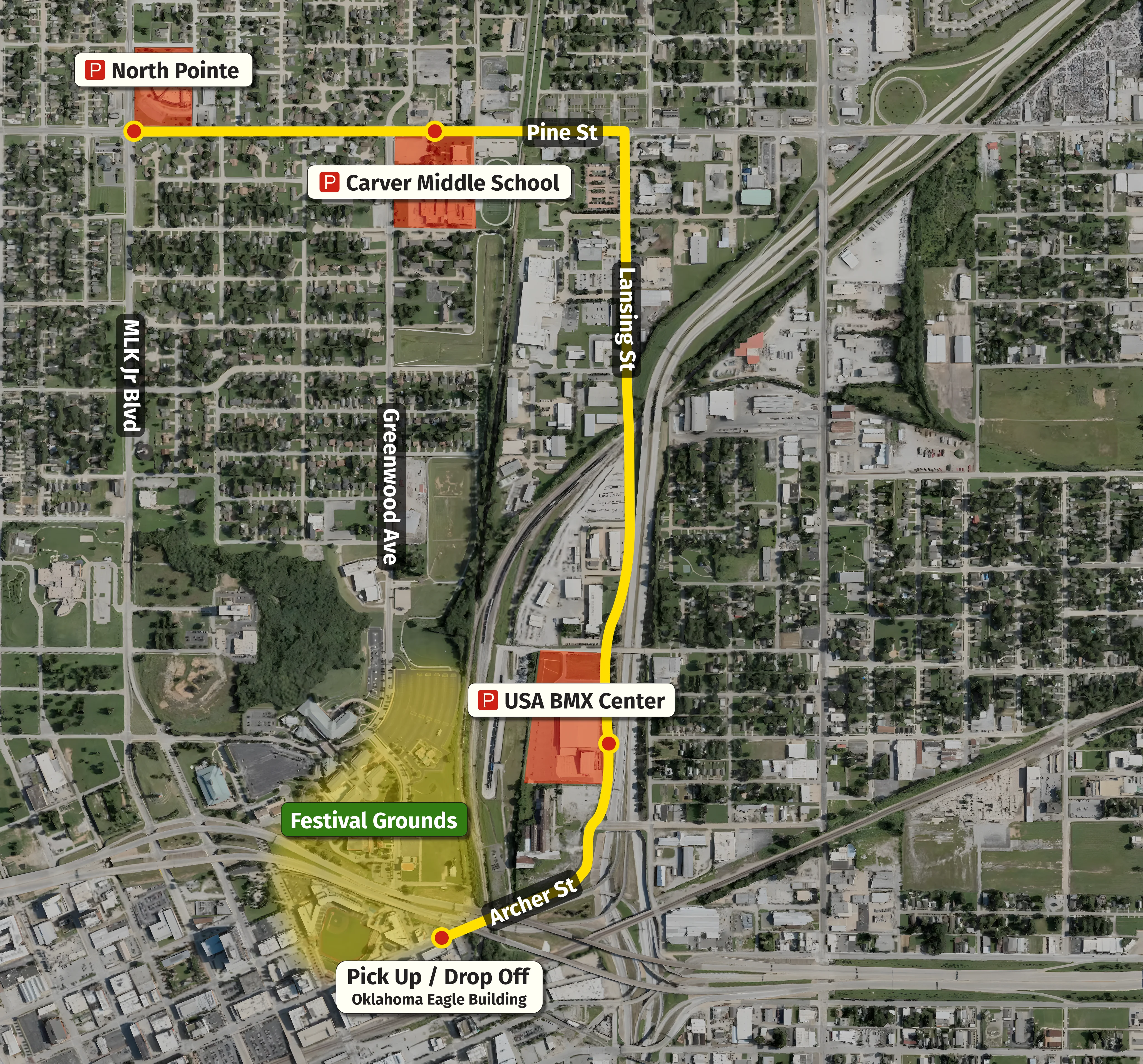 Legacy Fest shuttle route map showing park and ride stops